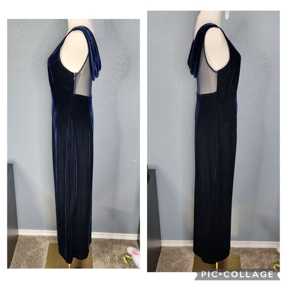 Vintage 90s Y2K Scott McClintock Dress M Blue Velvet Rhinestone Cowl Back Mesh - Picture 6 of 16